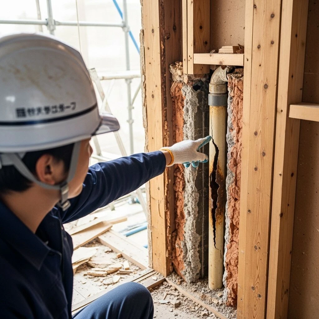 工事中に発覚した配管の破損